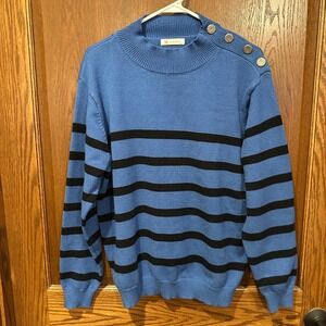 KIRUNDO Women Blue Black Stripe Mock Neck Button Shoulder Sweater XL